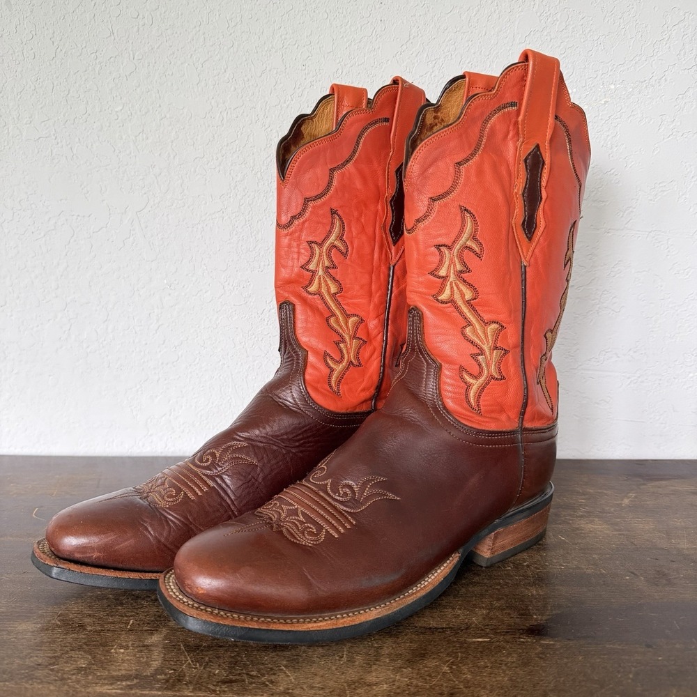 Vintage Lucchese‎ 3000 Boots Womens 9 Leather Orange/Red Scalloped Roper USA